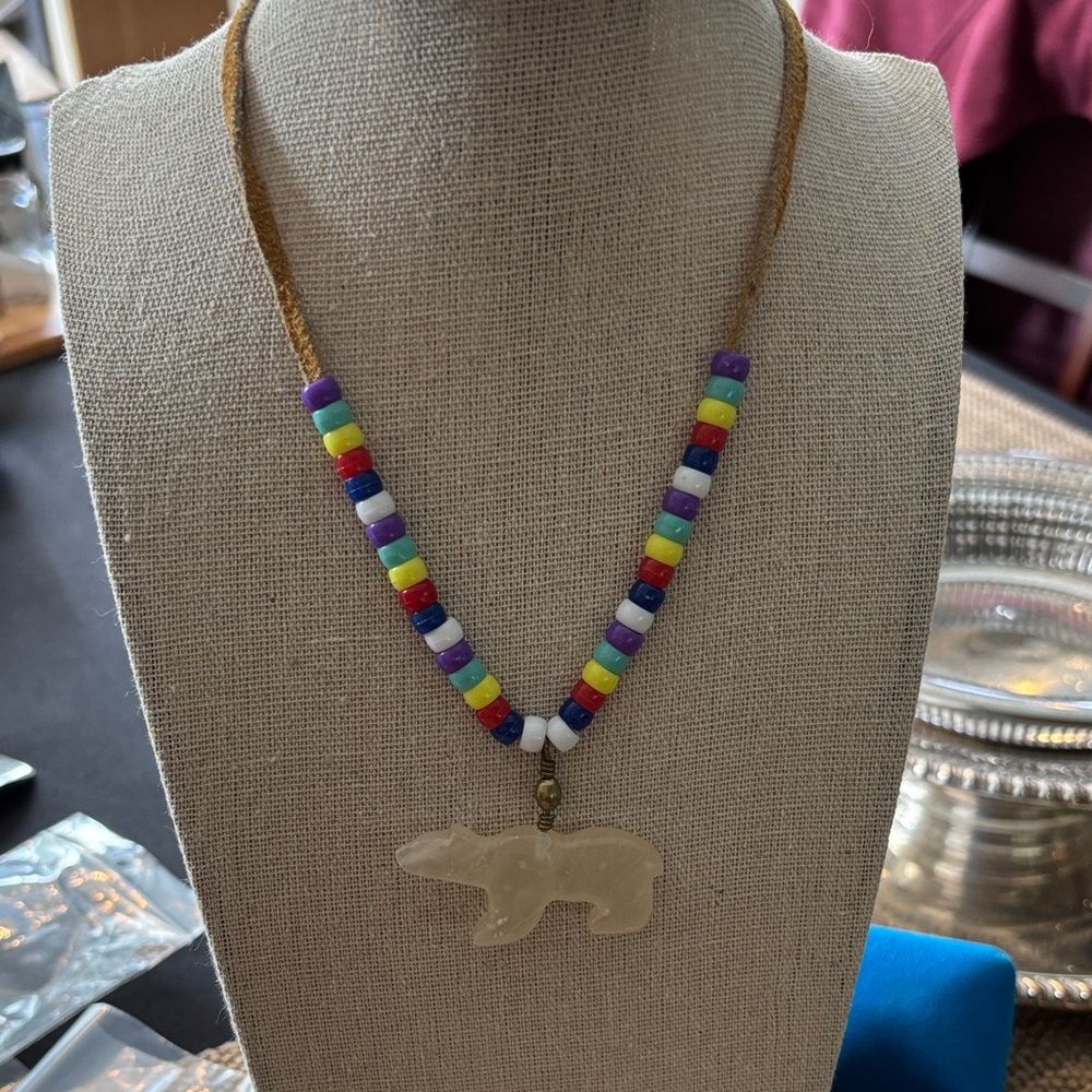 Add to bundle. Multicolour Beaded Necklace with carved Bear Pendant! 💕